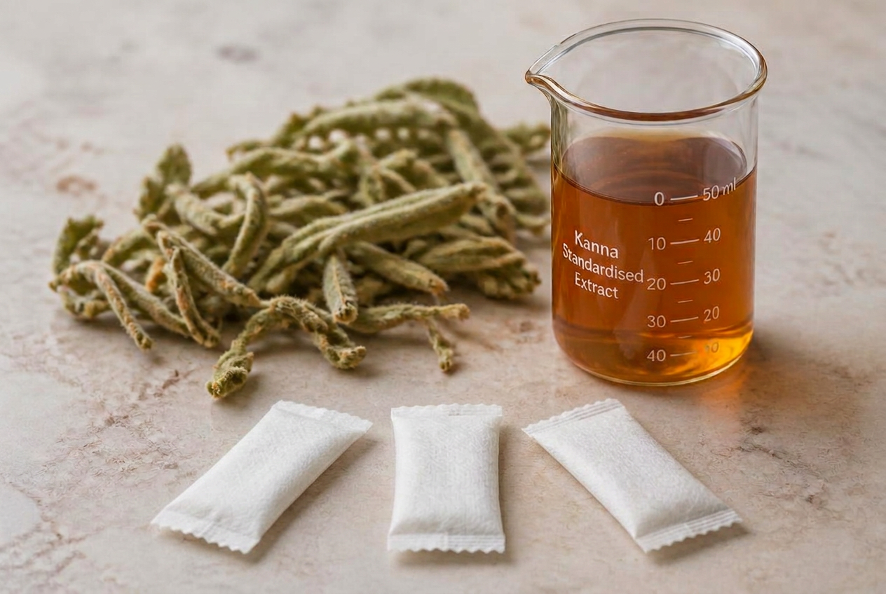 Dried kanna leaf beside a beaker of standardised extract and three identical pouches