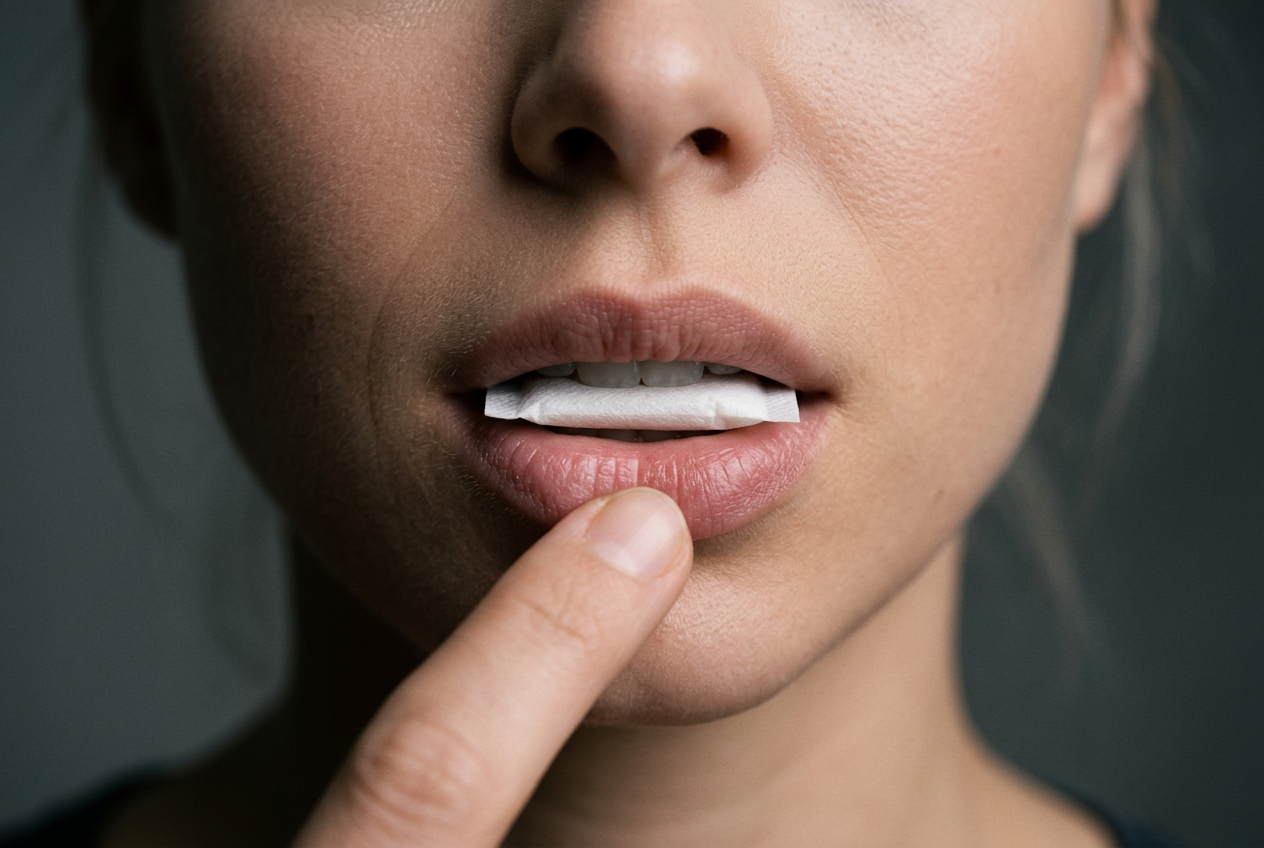 Close-up of a woman placing a slim white pouch under her bottom lip