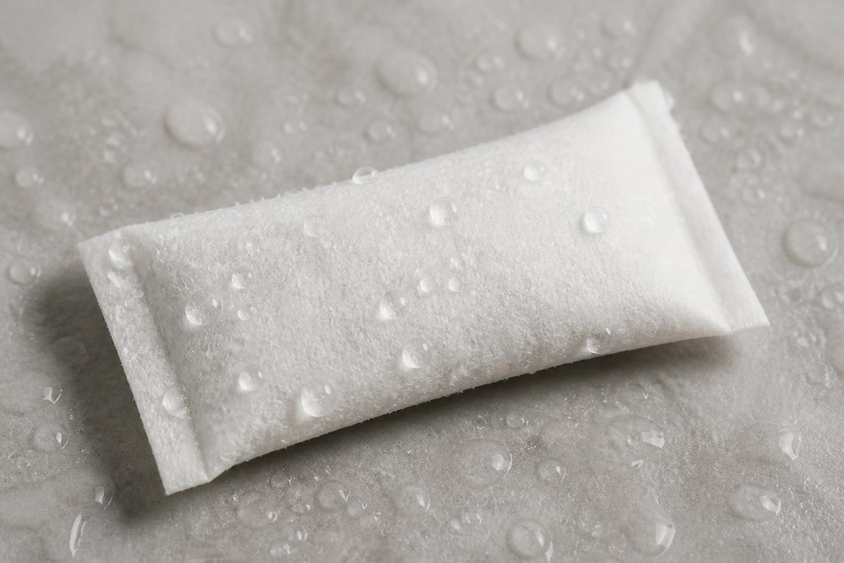 Moisture beading on a slim white pouch as it activates