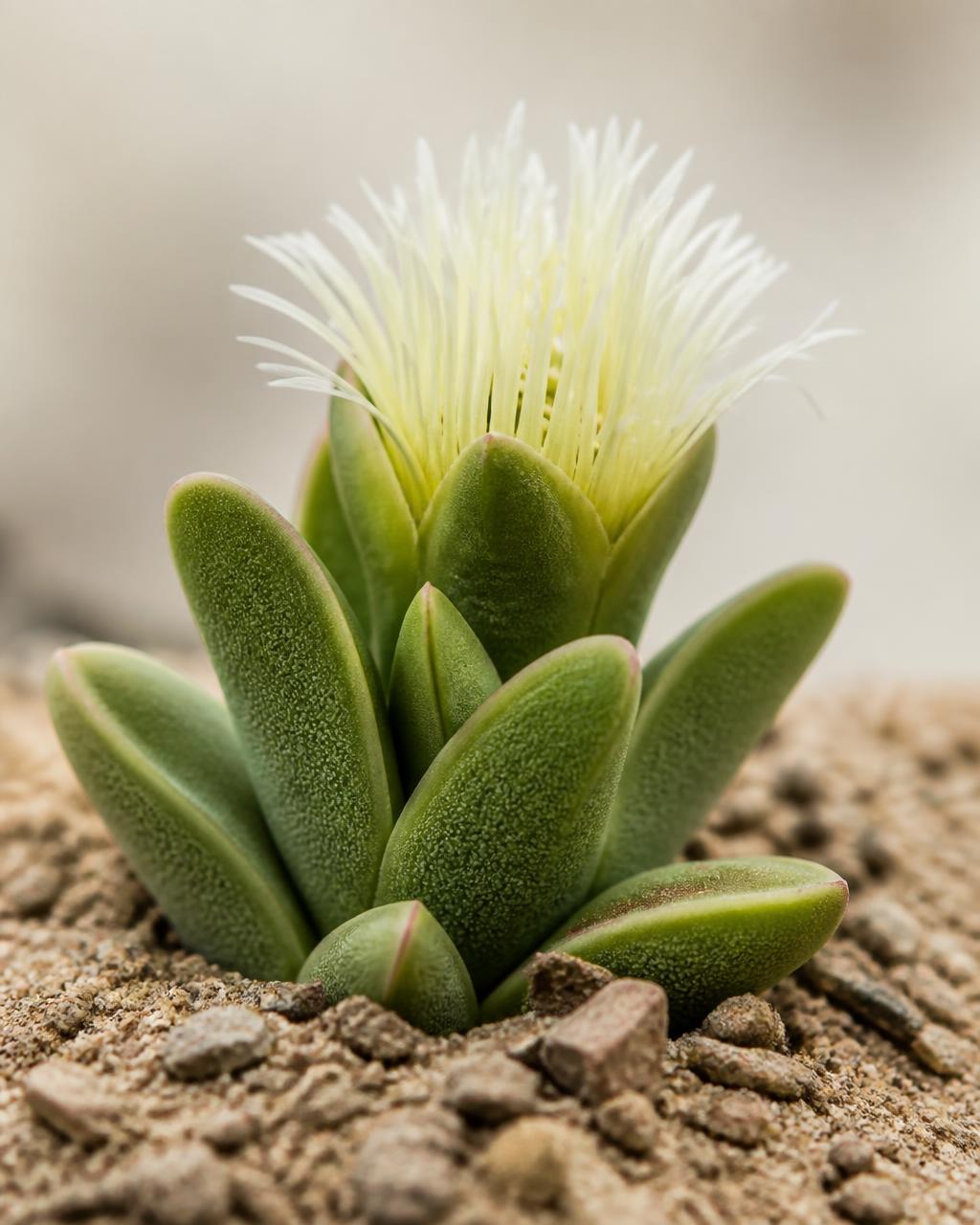 Sceletium tortuosum (kanna), a low succulent with fleshy leaves and a fine thread-like pale flower, growing in dry Cape soil
